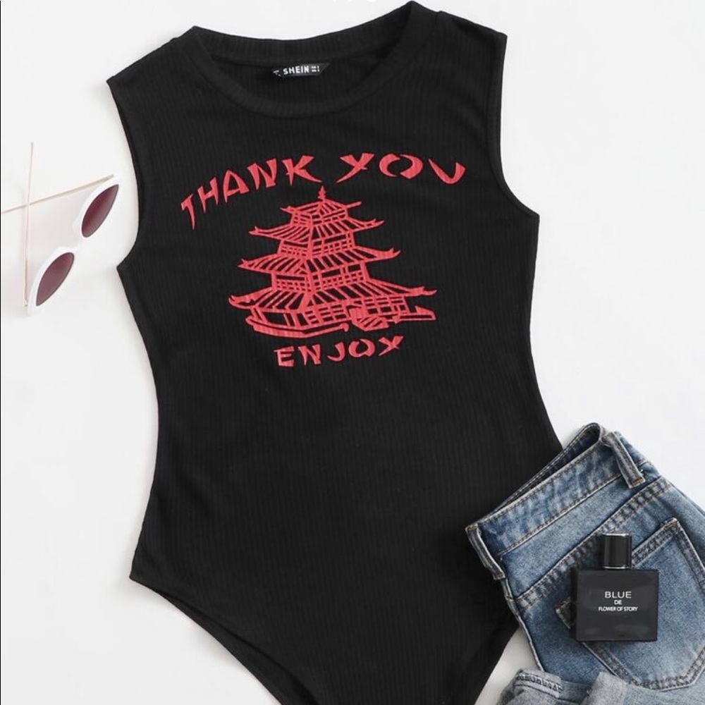 New Slogan Graphic Black Cute Trendy Bodysuit XS M